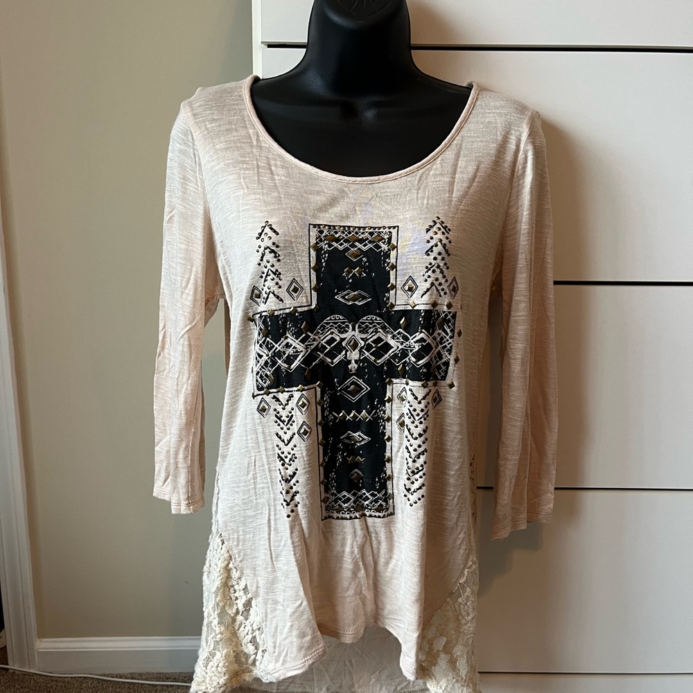 Rock 47 by Wrangler Boho Western Beige Top with Black Cross Design